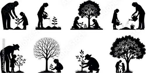 Family gardening and tree planting silhouettes collection showing parents and children watering plants, nurturing young trees and learning environmental care in nature