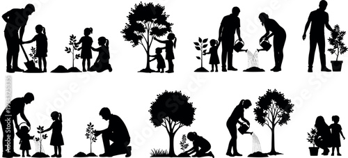 Family gardening and tree planting silhouettes collection showing parents and children watering plants, nurturing trees and caring for nature in sustainable eco friendly lifestyle