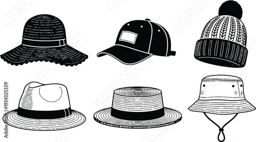 Hand drawn close up collection of six different hat styles arranged on white background including sun hat baseball cap beanie fedora boater and bucket hat sketch