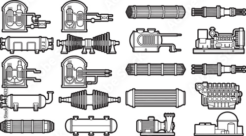 Industrial illustrations depicting various aspects of machinery, highlighting their functionality and design.