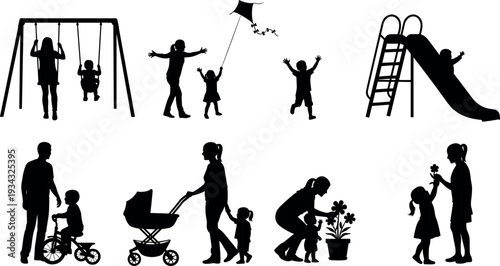 Family outdoor activities silhouettes collection featuring playground swings, kite flying, slide play, walking with stroller and parenting moments representing childhood fun and happy family life