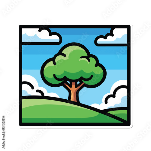 A cartoon tree standing alone on a green hill under a blue sky with white clouds, viewed from a slight distance.