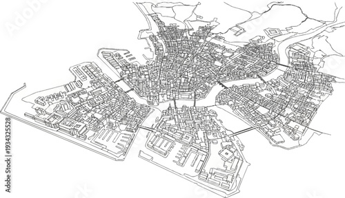 Detailed architectural drawing of a dense city center with waterways and bridges