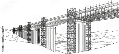 Detailed line drawing of a large bridge under construction with scaffolding on its piers