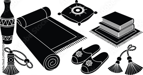 Flat silhouette home decor still life overhead view rolled rug decorative vase embroidered slippers stacked books tassels cushion isolated black and white minimalist composition vector graphic