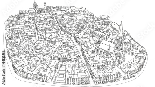 Detailed line drawing of an old European city with spires and cobblestone streets