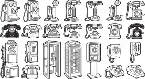 Vintage phones collection graphic design, showing the evolution of communication technology through time, each phone representing a unique chapter in technological history.