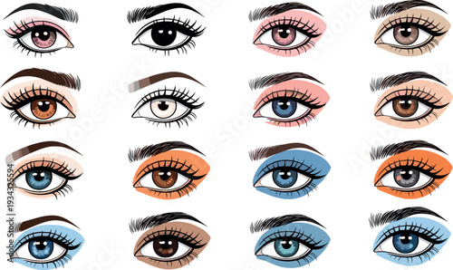 Female eye makeup collection with eyeliner mascara eyeshadow and eyebrow styles beauty cosmetic eye illustrations set for makeup design vector isolated