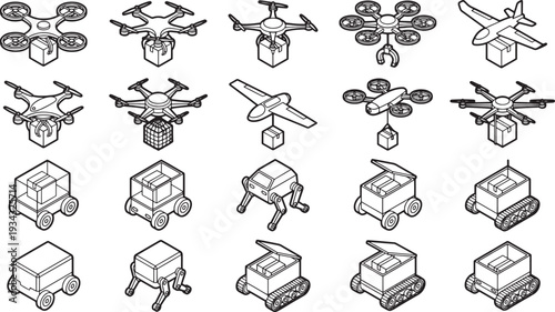 A conceptual illustration depicting a fleet of delivery drones and robots, navigating the future of package transportation.