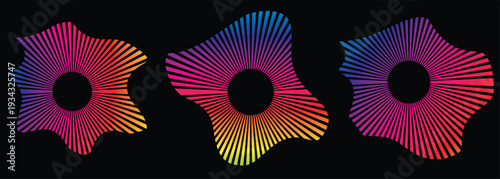 Abstract colorful radial sound wave equalizer shapes on black background, modern audio spectrum visualization, vibrant music frequency graphic design set