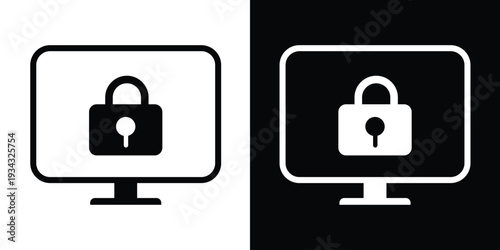 Computer monitor with a padlock security icon. Vector black and white symbols for data protection, cyber security, private access, account encryption, and digital safety protocols.