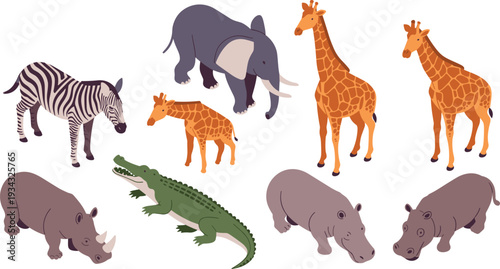 Isometric African safari animals set, giraffe elephant zebra hippo rhino crocodile wildlife illustration collection