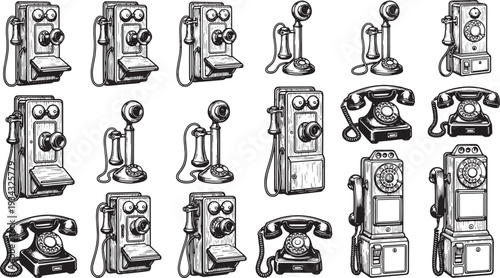 A vintage collection of rotary telephone. a glimpse into the evolution of communication technology, from classic rotary phones to payphones.
