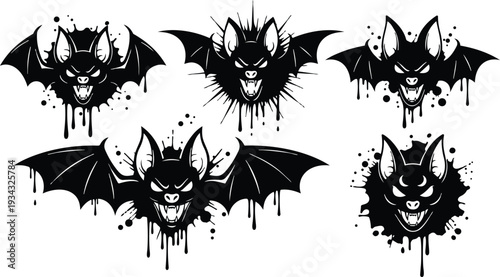 Grunge dripping bat head illustrations close up five snarling vampire bat faces flying wings ink splatter gothic tattoo style high contrast vector art monochrome bold horror