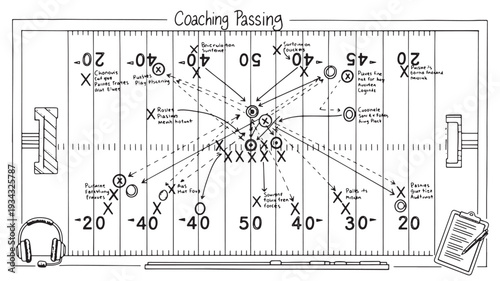 American football coaching passing diagram in black and white line drawing for sports strategy planning