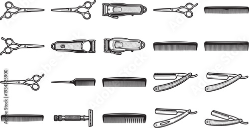 Barber tools collection: scissors, trimmers, razors, and combs. showcasing tools of the trade.
