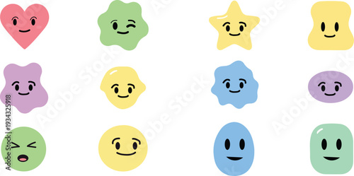 Colorful smiley faces in various shapes