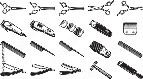 Barber tools arranged in a visually pleasing, detailed and textured black and white artistic composition.