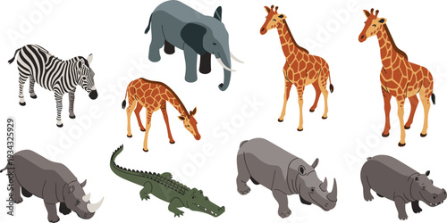 Isometric African safari wildlife set, elephant giraffe zebra rhino hippo crocodile animals illustration collection