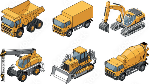Heavy construction machinery collection with dump truck excavator bulldozer crane cargo truck and cement mixer industrial equipment vehicles vector illustration set