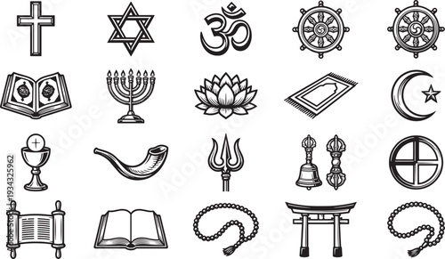 A collection of symbols, each a potent emblem representing a spectrum of belief systems across the globe. Witness the shared aspiration of humanity for harmony and serenity.