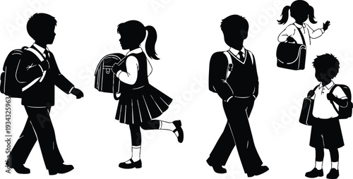 Monochrome silhouette three school children walking and two standing carrying backpacks in uniform side profile and three quarter angle vector illustration looking away girl ponytail isolated
