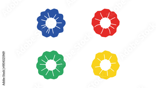 Four stylized flowers arranged in a square with distinct colors