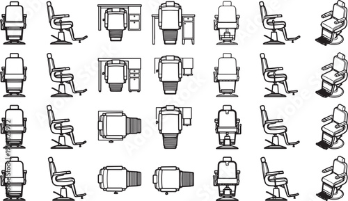 A collection of barber chairs, desks, and office chairs in black and white, viewed from multiple angles.