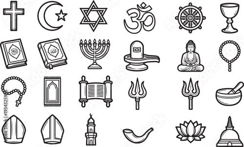 A collection of religious symbols, each representing a different faith, are neatly arranged in a black and white graphic.