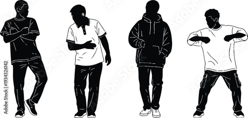 Monochrome illustration of four street dancers in different poses wearing hoodies t shirts cargo pants and sneakers facing different angles close up vector style bold contrast