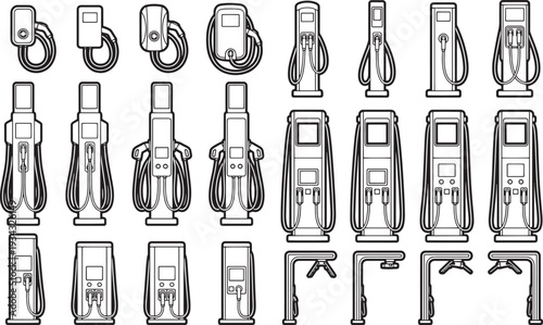 EV Charging Station Design, a collection of charging station graphics in a minimalist style, ready to be incorporated into projects or presentations.
