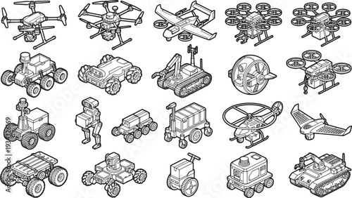 A collection of futuristic drone and rover designs, embodying innovation, exploration, and cutting-edge technology.