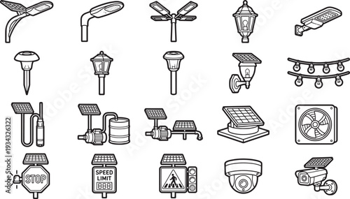 Collection of varied solar streetlights and surveillance camera with related equipment, symbolizing the forefront of urban and environmental design solutions.