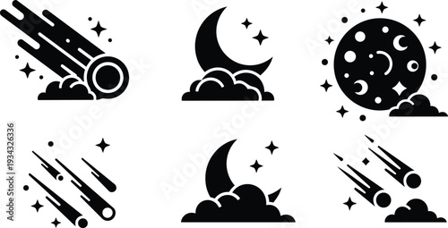 Minimal black moon and comet icons set close up six night sky symbols showing crescent moon clouds shooting stars meteor shower bold flat silhouette vector collection