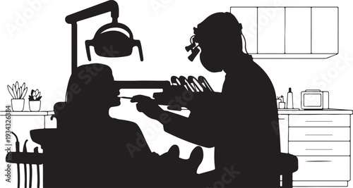 Professional female dentist wearing a face mask and uniform conducts an oral examination on a male patient in a modern dental clinic.