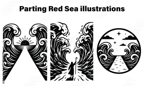 Biblical scene of Moses parting the Red Sea with dramatic waves