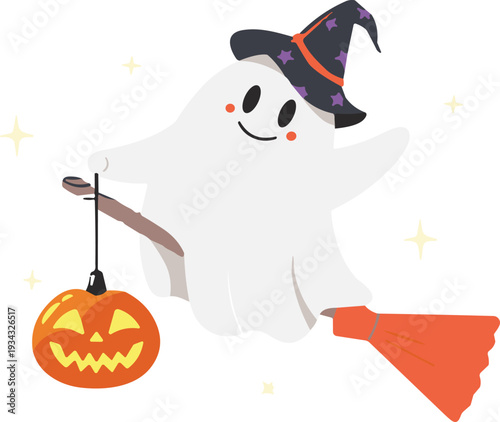 Cute Halloween ghost flying on broom with pumpkin lantern, witch hat, and magical cartoon illustration