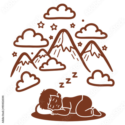 Cute Sleeping Boy Dreaming of Mountains Stars and Clouds Cartoon Illustration Vector Graphic