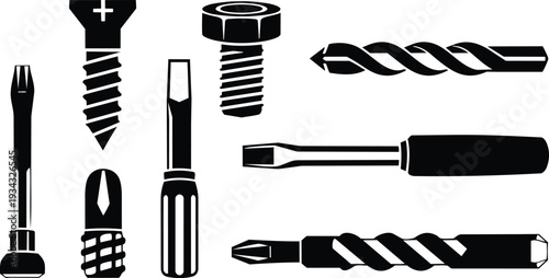 Stencil vector close up of assorted screwdriver bits screws and drill bits arranged flat top view on white background high contrast black silhouette tool set icons
