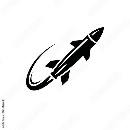 Black and white simple logo icon of a military missile maneuvering in the air
