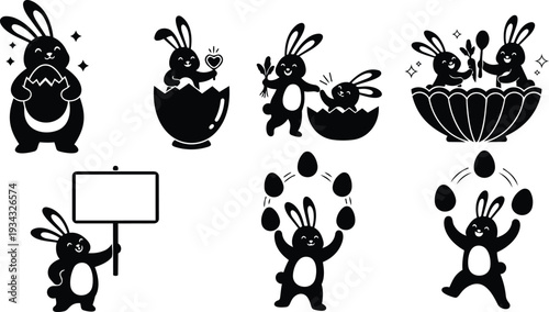 Flat silhouette bunny icons set showing playful easter rabbit holding cracked egg hatching in shell carrying sign juggling eggs cooking in bowl sharing spoon looking forward