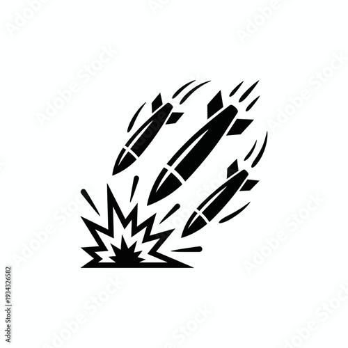 Black and white simple logo icon showing a barrage of multiple missiles striking and exploding