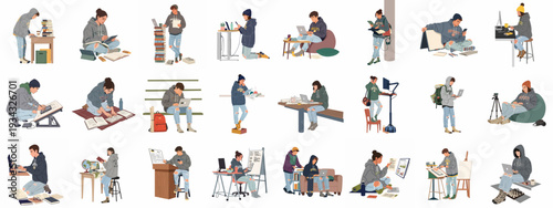 Modern University Students Engaged in Diverse Study, Work, and Creative Activities with Technology and Books in Various Settings