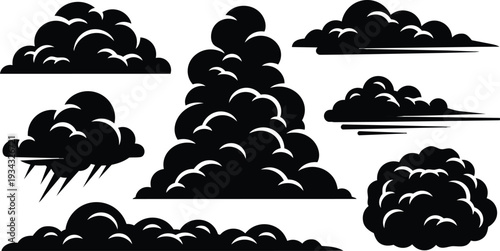 Bold black cloud silhouette set showing tall cumulus tower and low flat banks spiky storm puff isolated vector icons close up side view flat graphic style