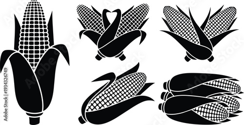 Silhouette vector corn icons close up multiple ears of corn in husk arranged as set black and white isolated on white background high contrast