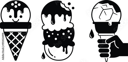 Flat silhouette trio of black and white ice cream icons smiling single scoop double scoop dripping cone and hand holding scoop close up vector style minimal