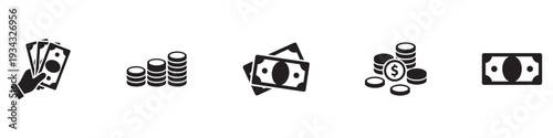 Money and finance icon set. Black flat vector illustrations of paper banknotes, stacks of coins, and hand holding cash isolated on white background.