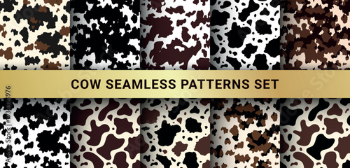 Cow abstract seamless pattern set. Vector animal skin print, cute black, brown, white dalmatian spots background. Natural stylized spotted textures for textile, fabric, dairy farm decor, wrapping.