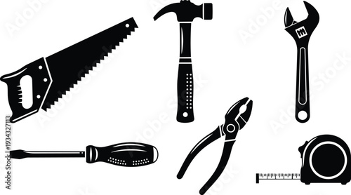 Silhouette hand tools flat layout close up saw hammer wrench screwdriver pliers tape measure arranged on white background clean vector style top view minimal high contrast