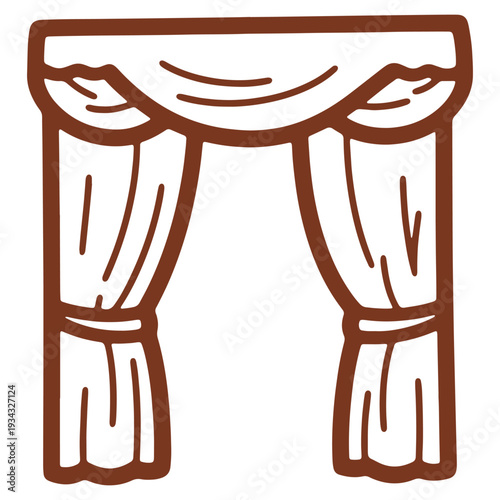 Elegant brown curtain outline illustration creating a sense of theatrical presentation with soft draped fabric over the window